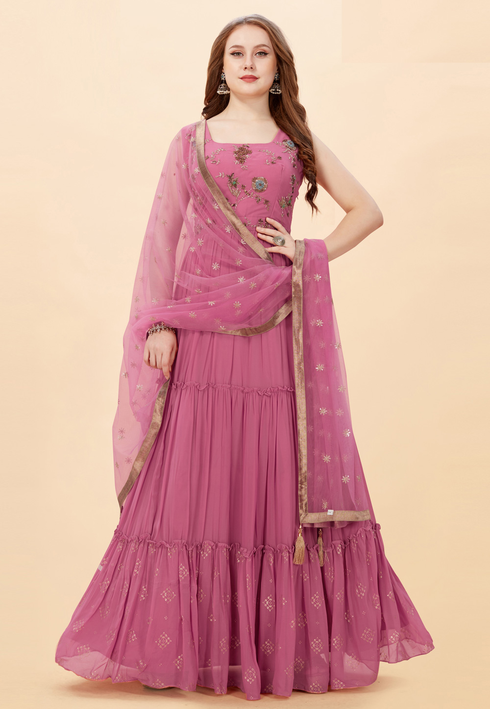 Pink Faux Georgette Abaya Style Anarkali Suit 246834