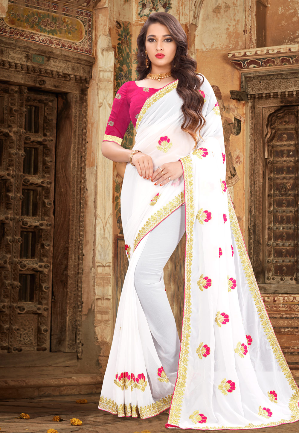 White Georgette Saree With Blouse 207559