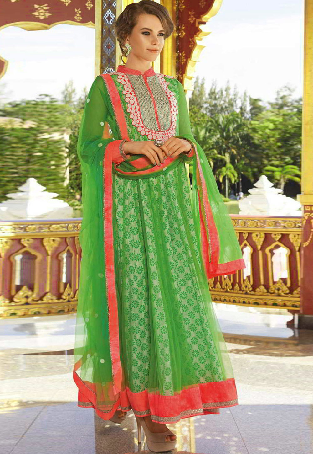Green Net Long Anarkali Suit 92958
