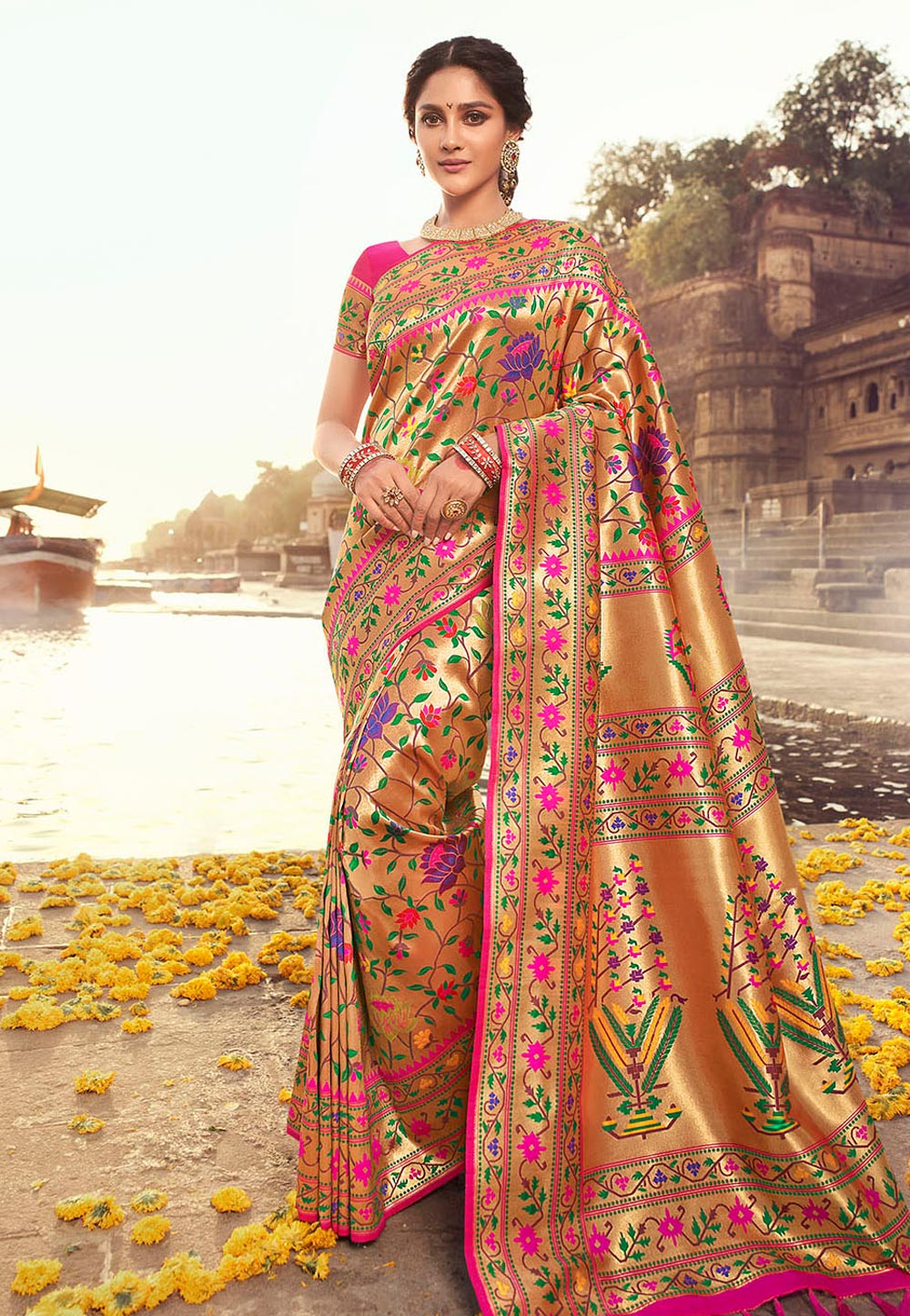 Golden Banarasi Silk Saree 227374