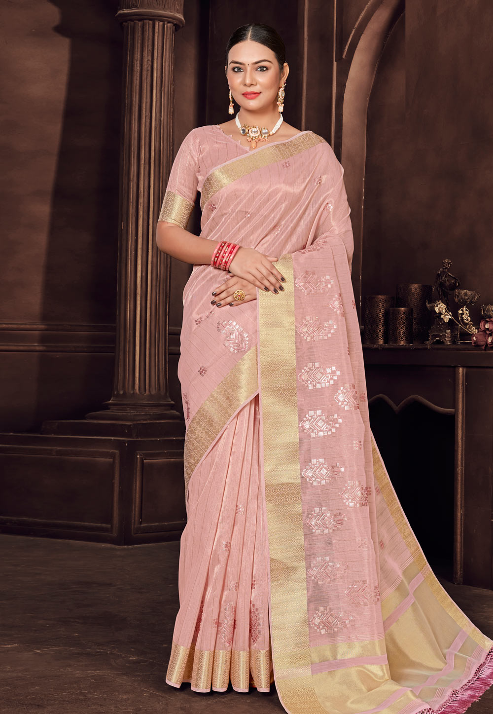 Buy Foil Jari Border Plain Chiffon Saree With Blouse Piece (Babypink) at  Amazon.in