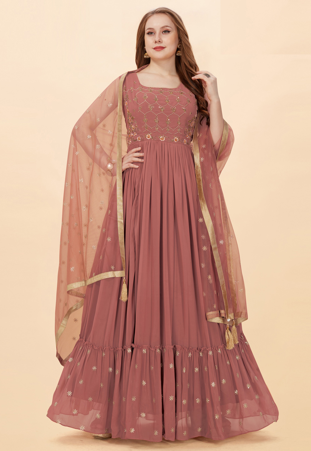 Pink Faux Georgette Abaya Style Anarkali Suit 246836