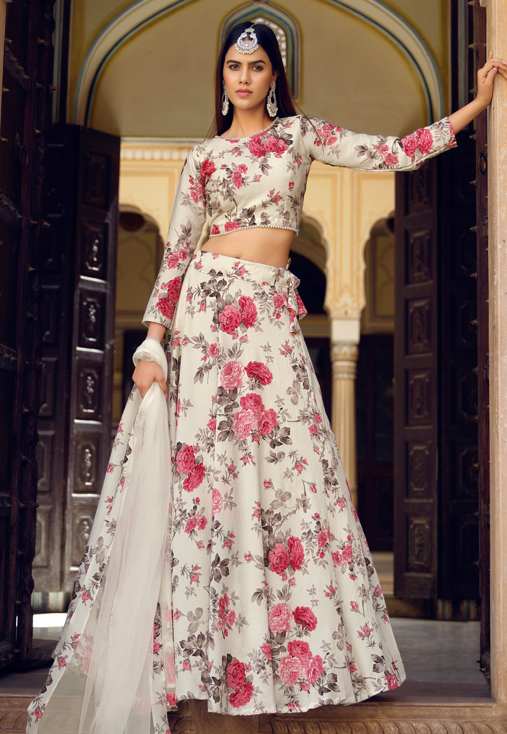 Cream Silk Floral Lehenga Set 274550