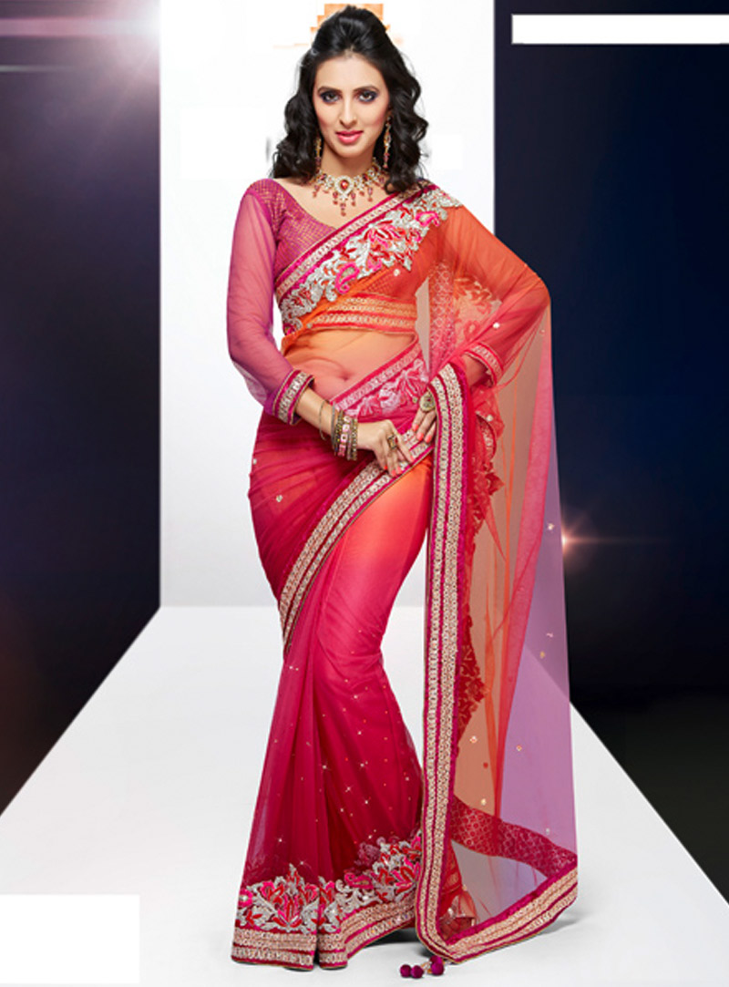 Orange and Pink Net Embroidery with Stone Work Wedding Saree 31660