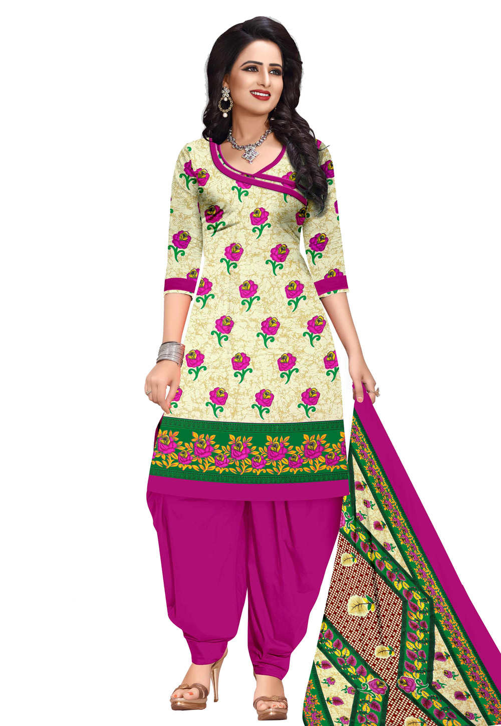 Cream Cotton Printed Punjabi Suit 207510