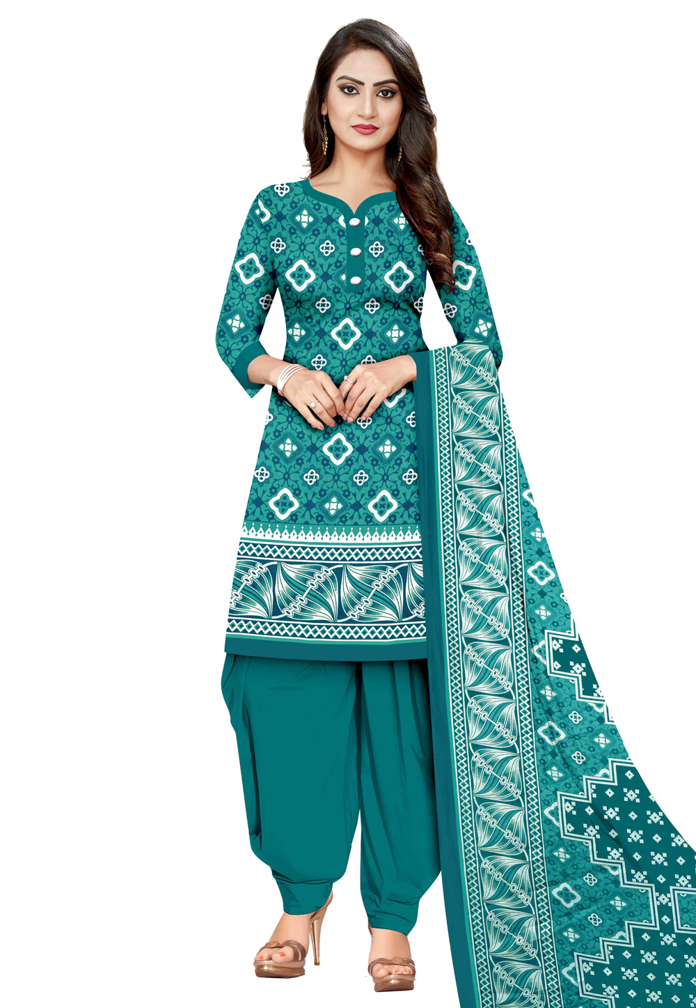 Teal Cotton Printed Patiala Suit 207515