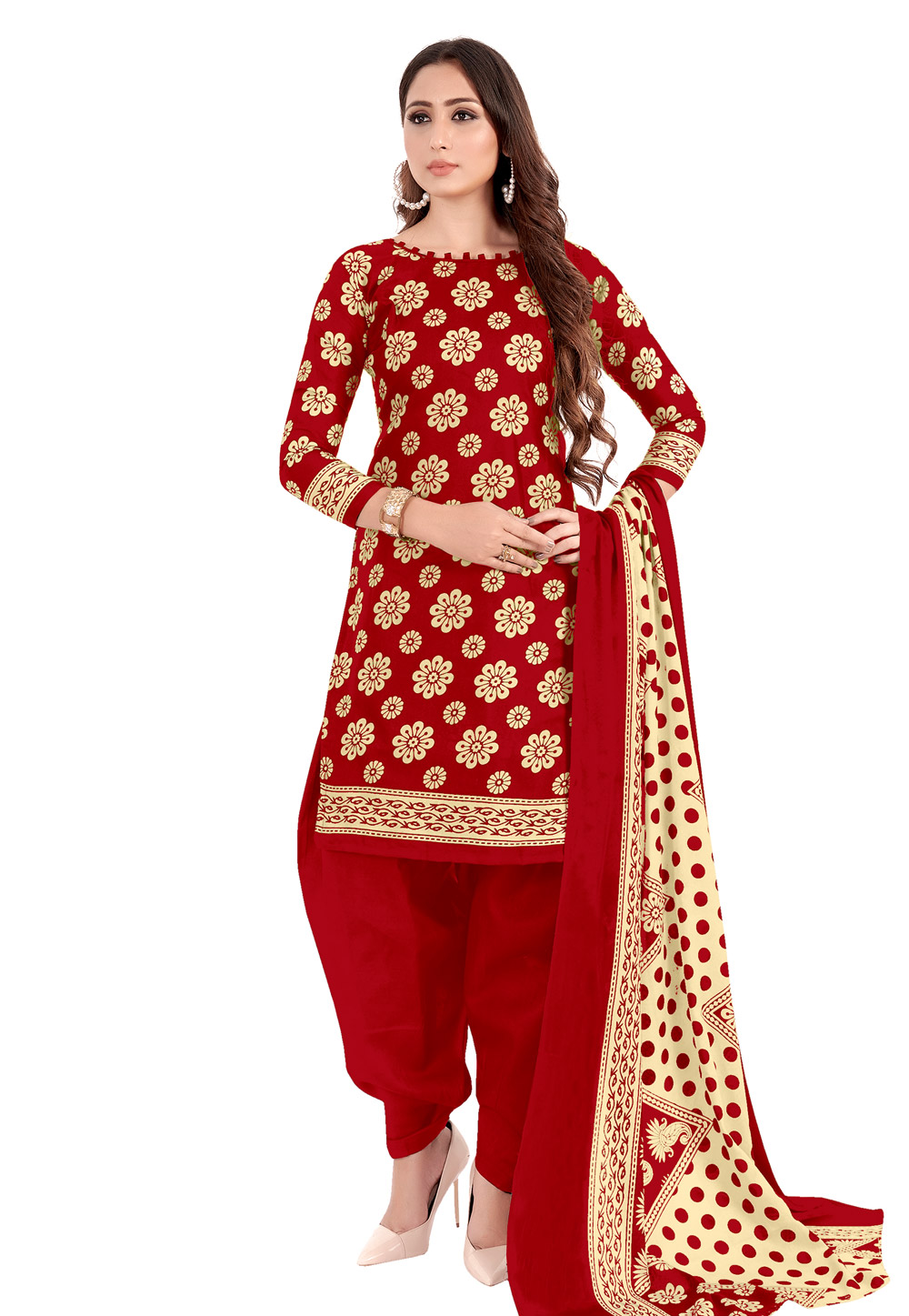 Red Cotton Patiala Suit 222934