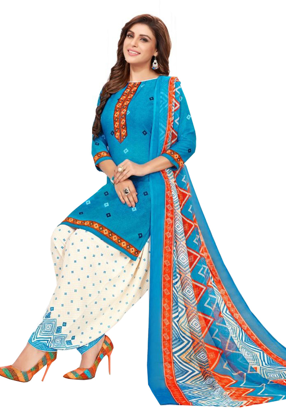 Aqua Blue Cotton Punjabi Suit 207371