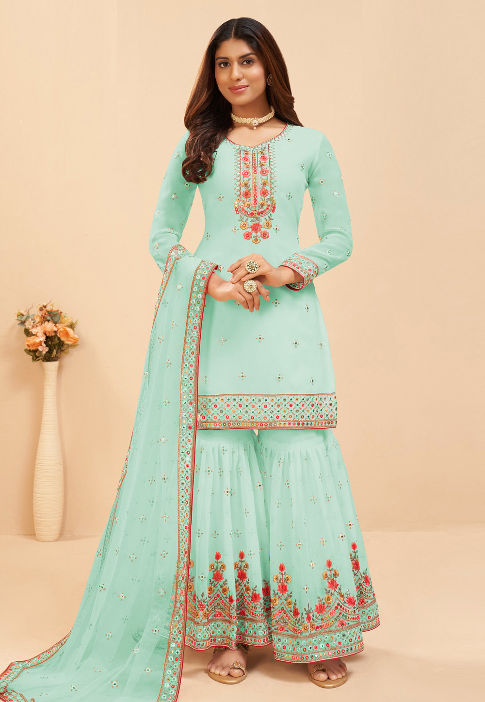 Sea Green Faux Georgette Sharara Suit 257239