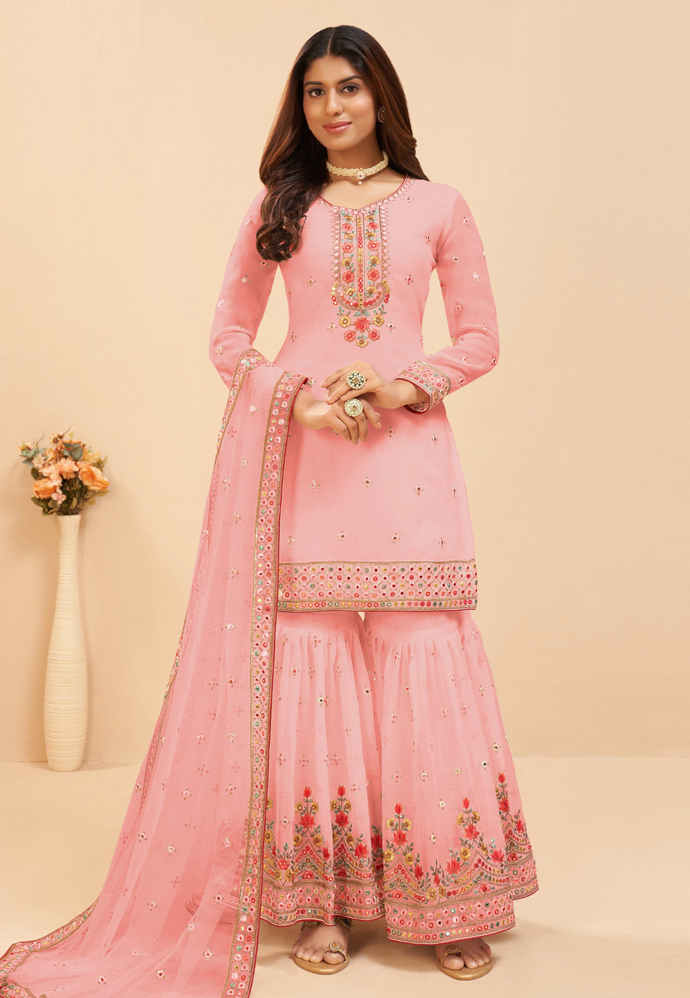 Pink Faux Georgette Sharara Suit 257240