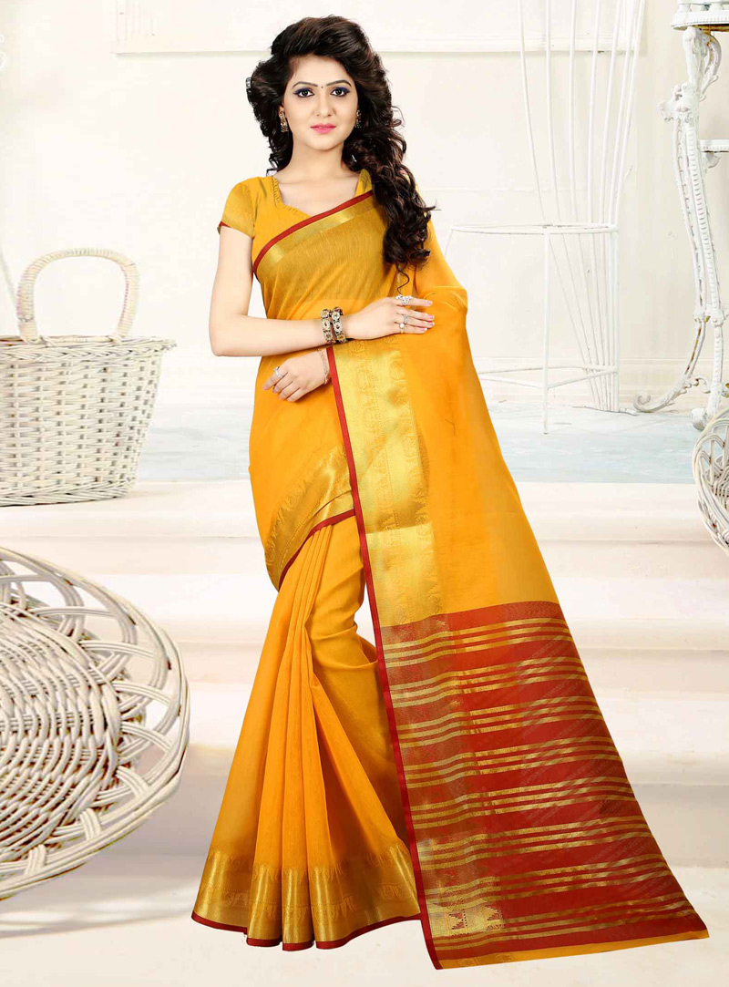 Yellow Cotton Saree With Blouse 124754