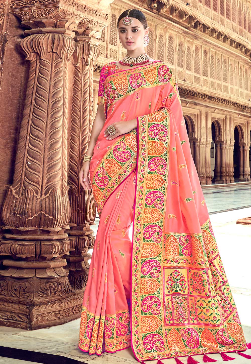 Pink Banarasi Silk Saree With Blouse 187196