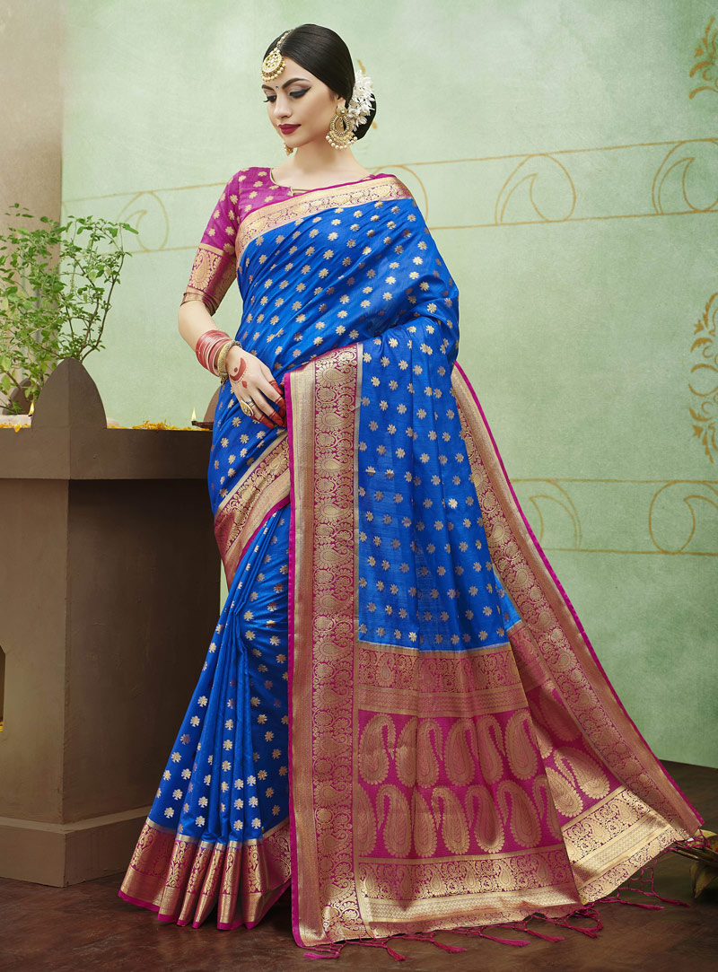Blue Banarasi Silk Saree With Blouse 126290