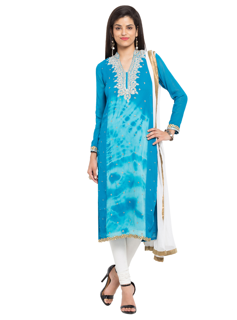 Sky Blue Faux Georgette Readymade Churidar Salwar Suit 124029