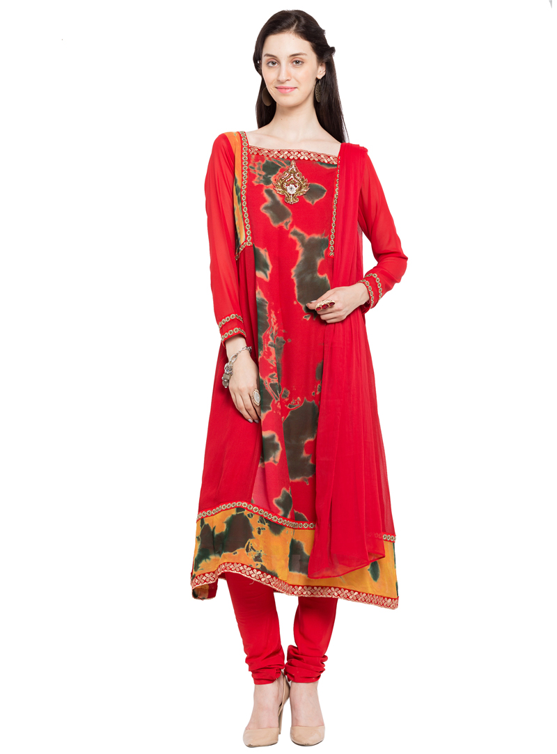 Red Faux Georgette Readymade Churidar Salwar Suit 124032