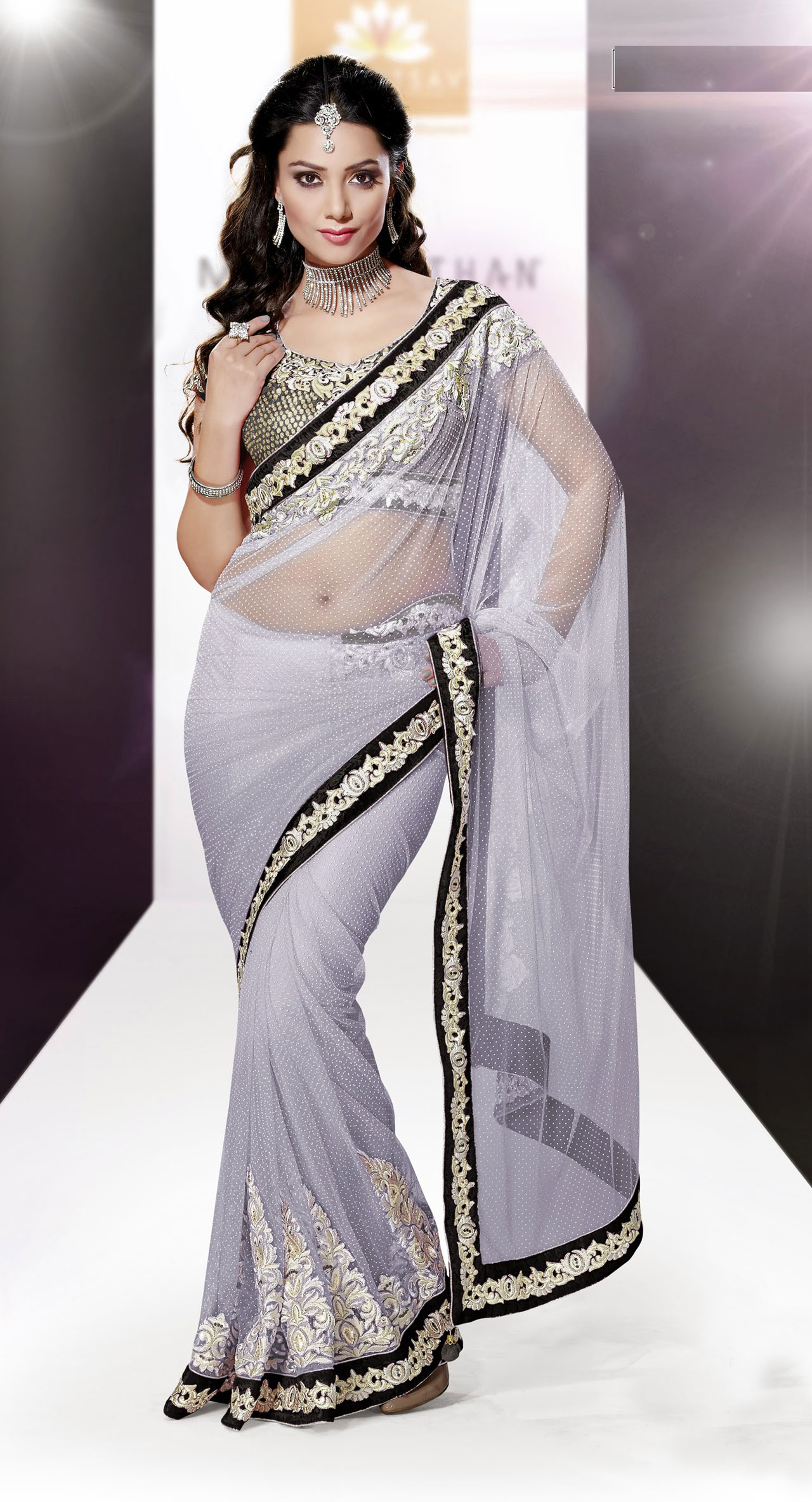 Light Grey Sparkling Net Applique Work Party Wear Saree 42436