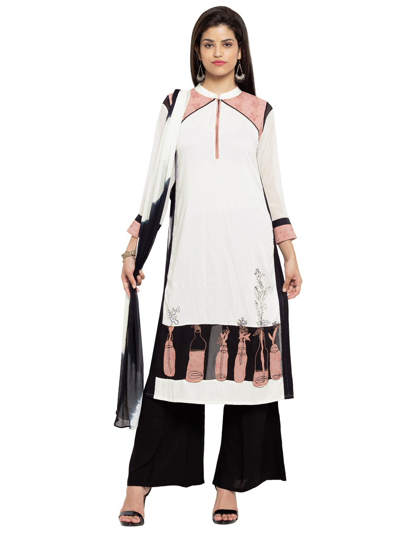 White Cotton Readymade Palazzo Style Suit 124041