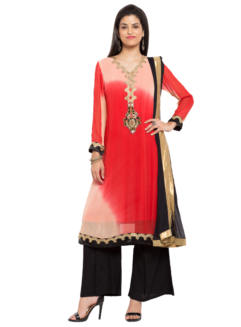 Red Faux Georgette Readymade Palazzo Style Suit 124044