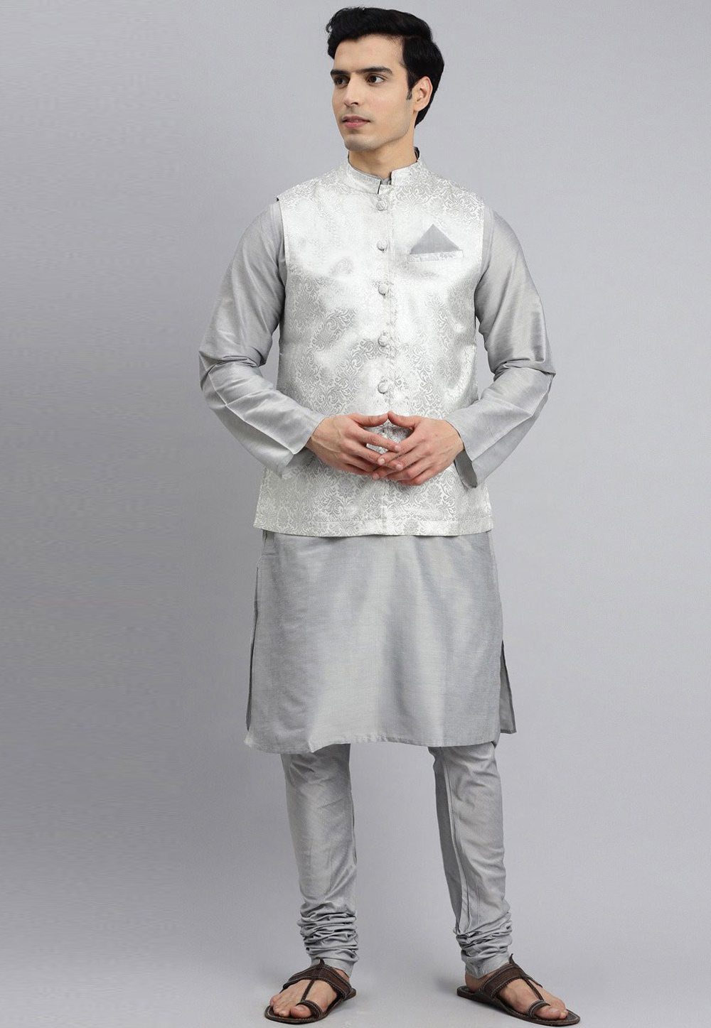 Grey Silk Kurta Pajama With Jacket 238011