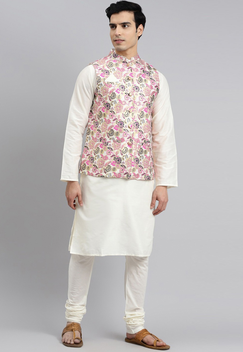 Off White Silk Kurta Pajama With Jacket 238012