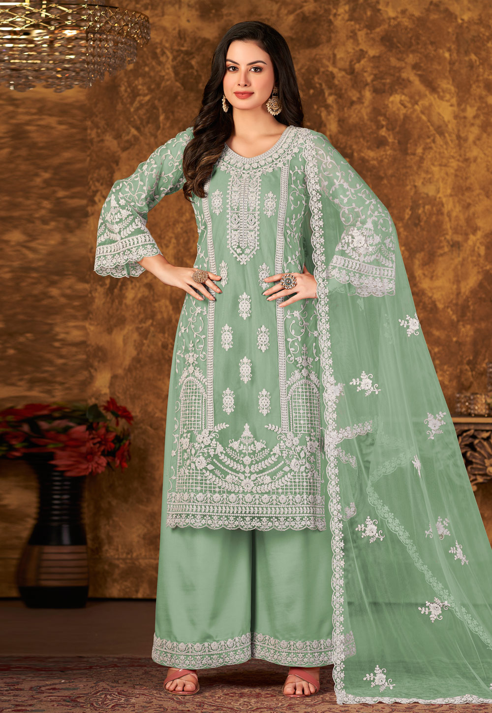 Pista Green Net Embroidered Pakistani Suit 250695
