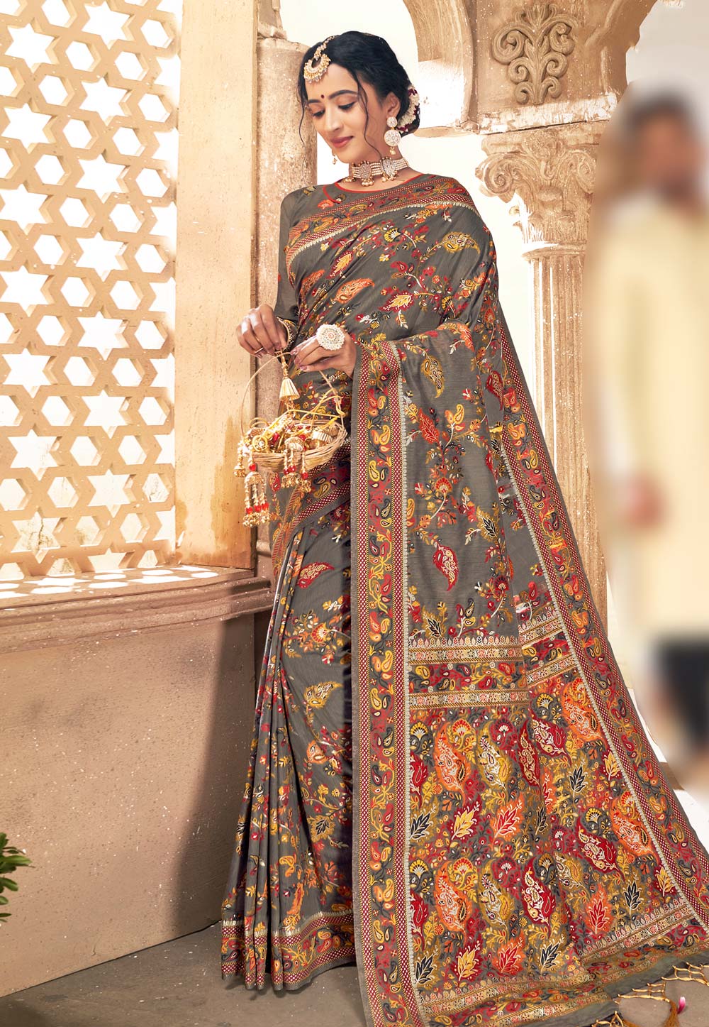 Grey Banarasi Silk Festival Wear Saree 213660
