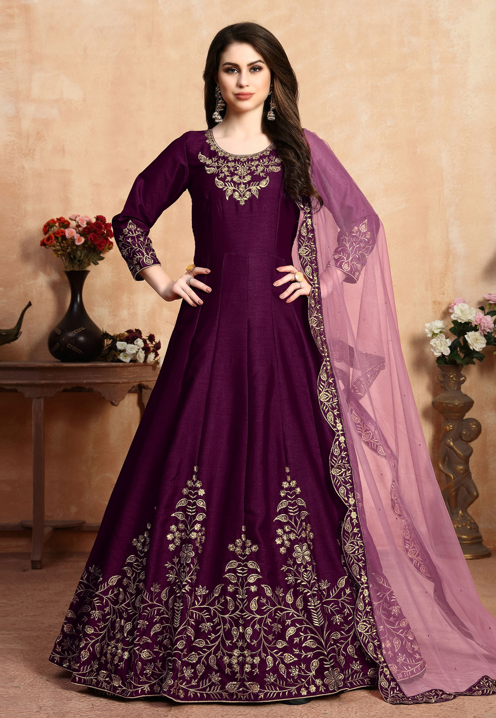 Purple Art Silk Abaya Style Anarkali Suit 199123