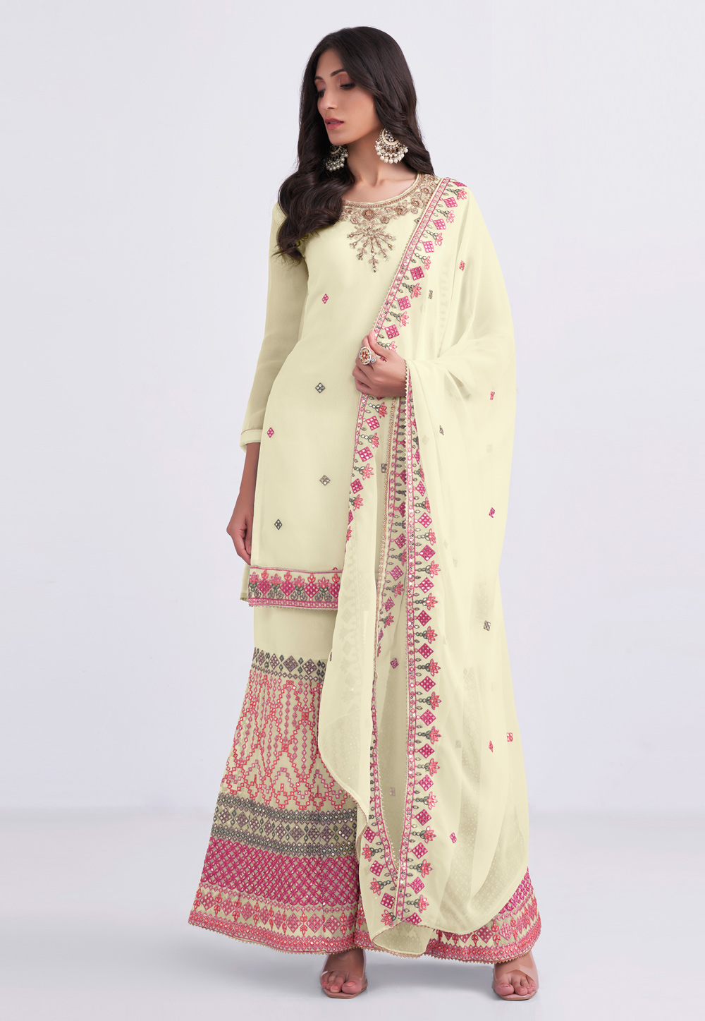 Light Yellow Georgette Palazzo Suit 254446