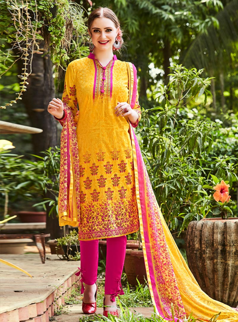 Yellow Cambric Cotton Pant Style Suit 136633
