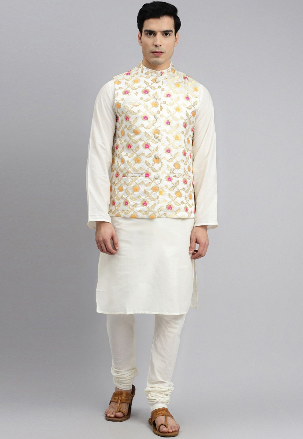 Off White Silk Kurta Pajama With Jacket 238015