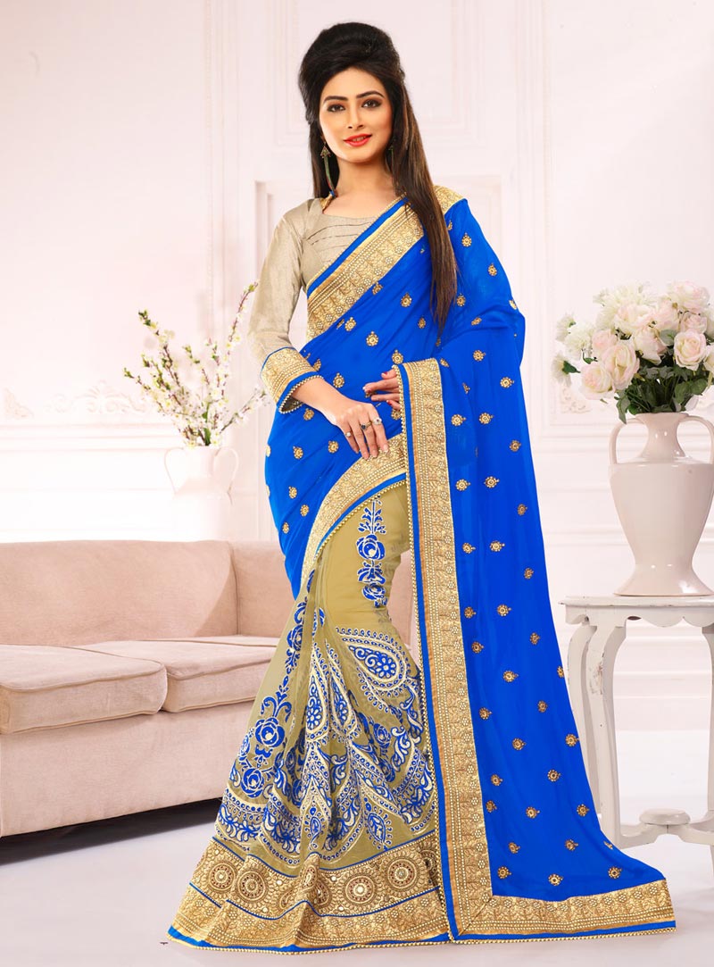 Blue Georgette Half and Half Saree With Blouse 69312