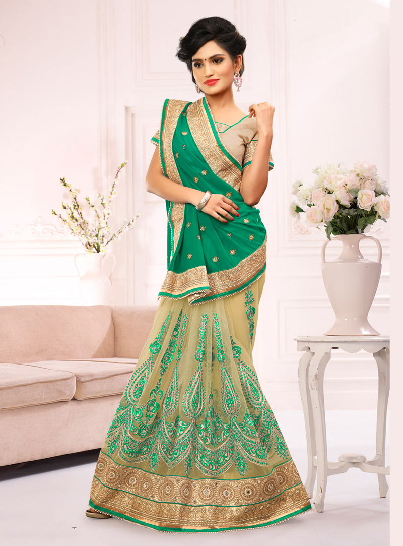 Sea Green Georgette Half and Half Saree With Blouse 69314