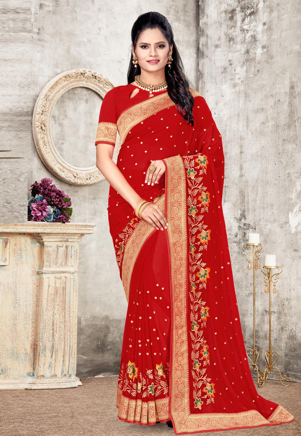 Red Georgette Saree With Blouse 220375