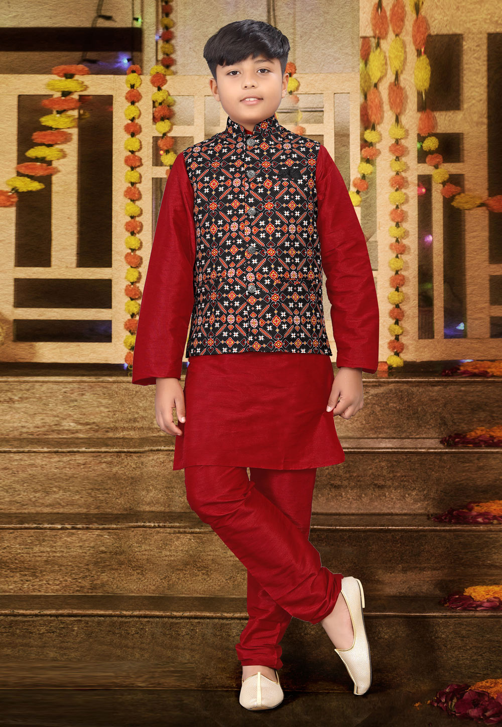 Red Silk Kids Kurta Pajama With Jacket  260982