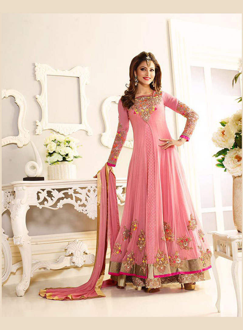 Urvashi Rautela Pink Net Designer Anarkali Suit 78349