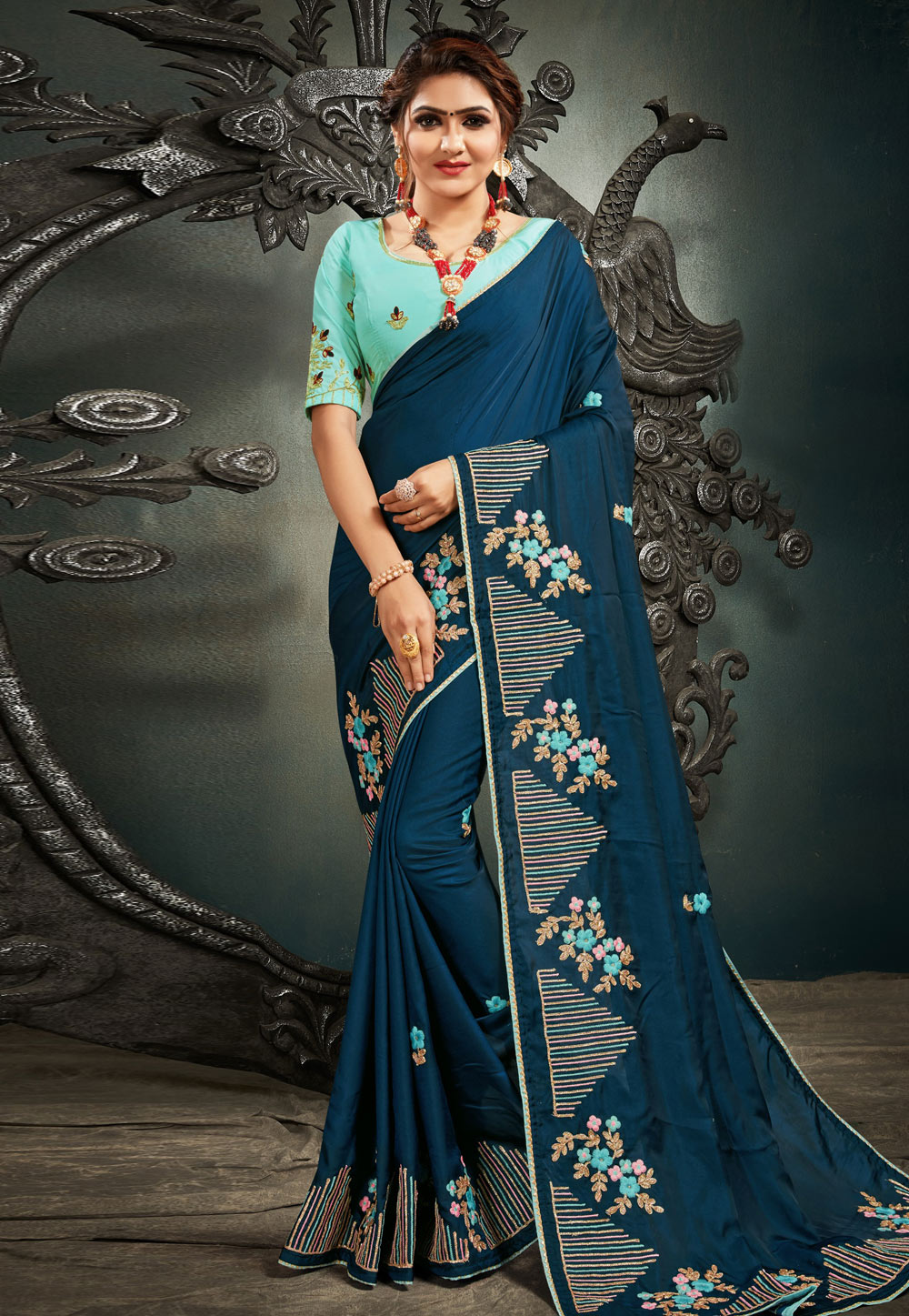 Blue Barfi Silk Saree With Blouse 220878