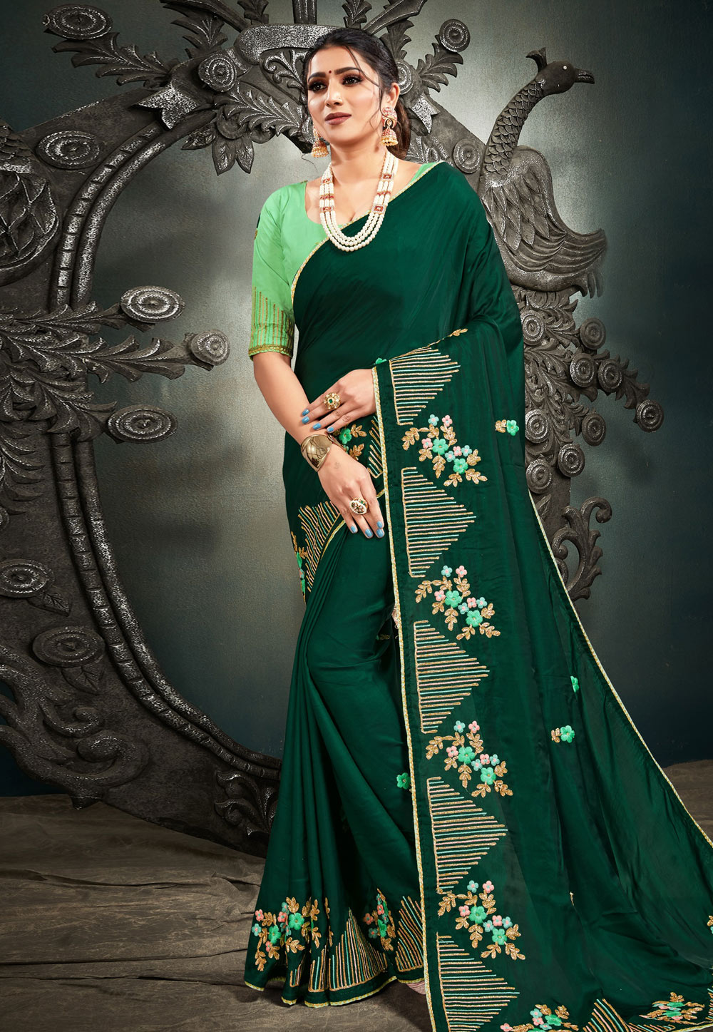 Green Barfi Silk Festival Wear Saree 220879