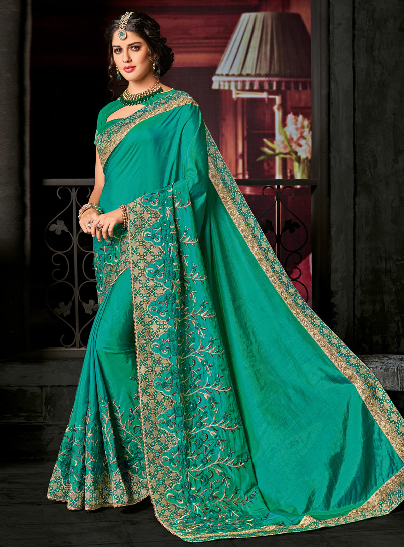 Izabelle Leite Turquoise Silk Festival Wear Saree 126748