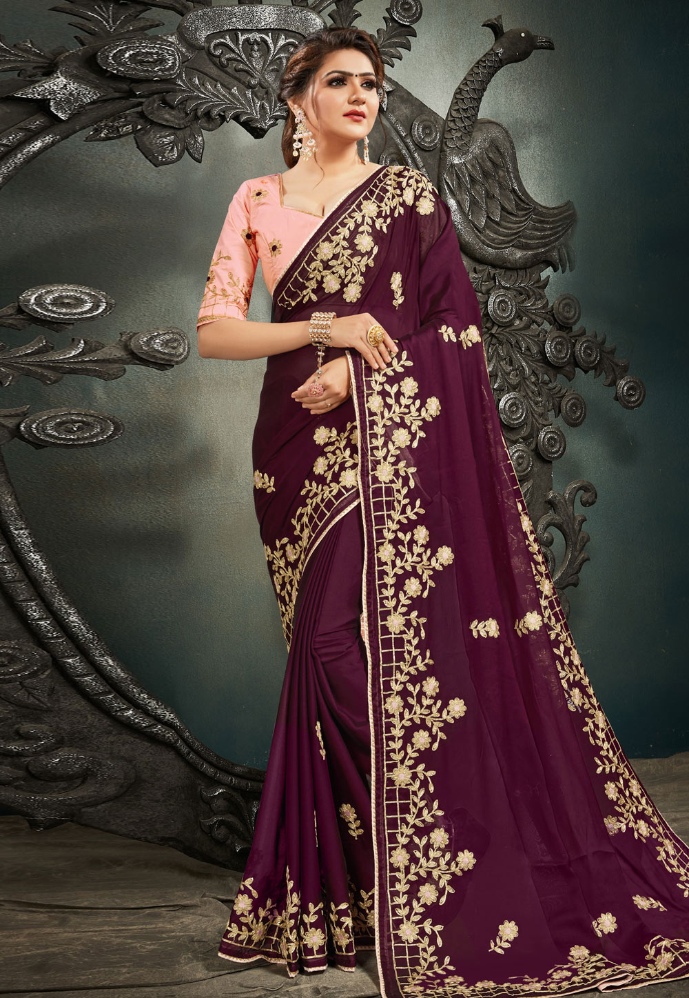 Purple Satin Saree With Blouse 220880