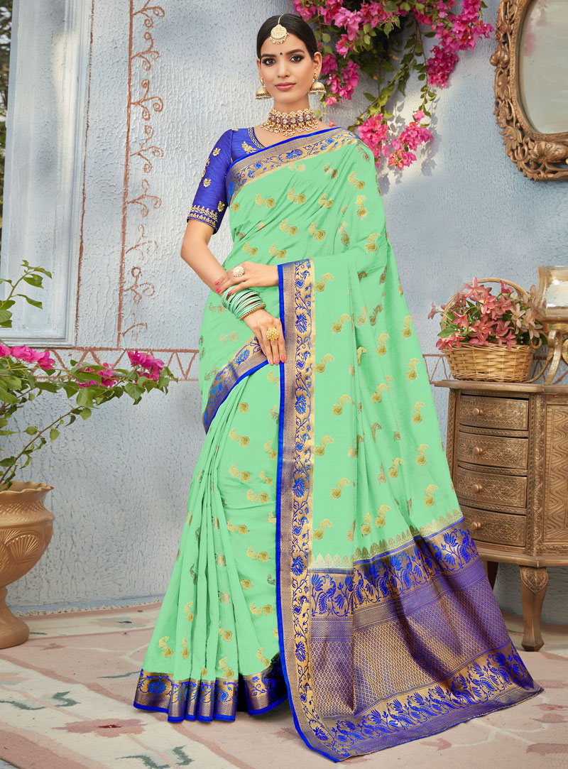 Mint Green Banarasi Silk Saree With Embroidered Blouse 133550