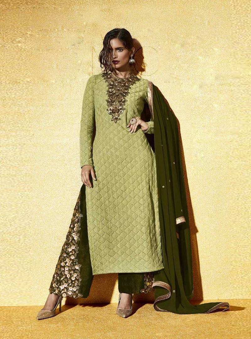 Green Net Coding Work Palazzo Style Suit 69499