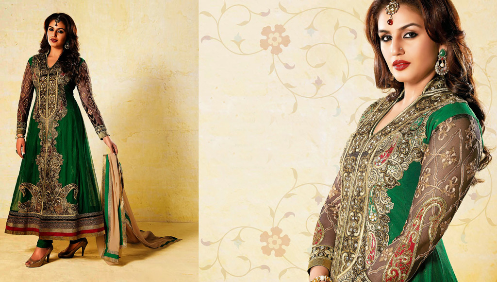 Huma Qureshi Green Embroidered Anarkali Suit 32532