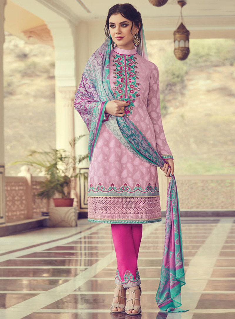 Pink Georgette Pant Style Suit 140362