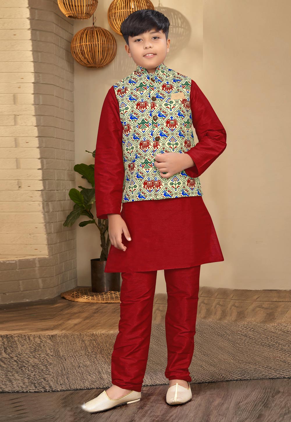 Red Silk Kids Kurta Pajama With Jacket  260983