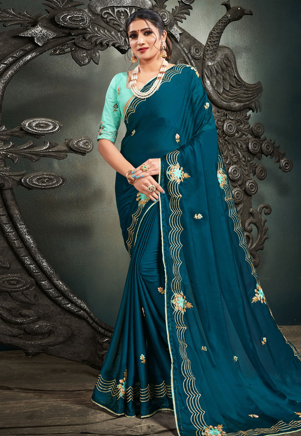 Blue Satin Saree With Blouse 220886