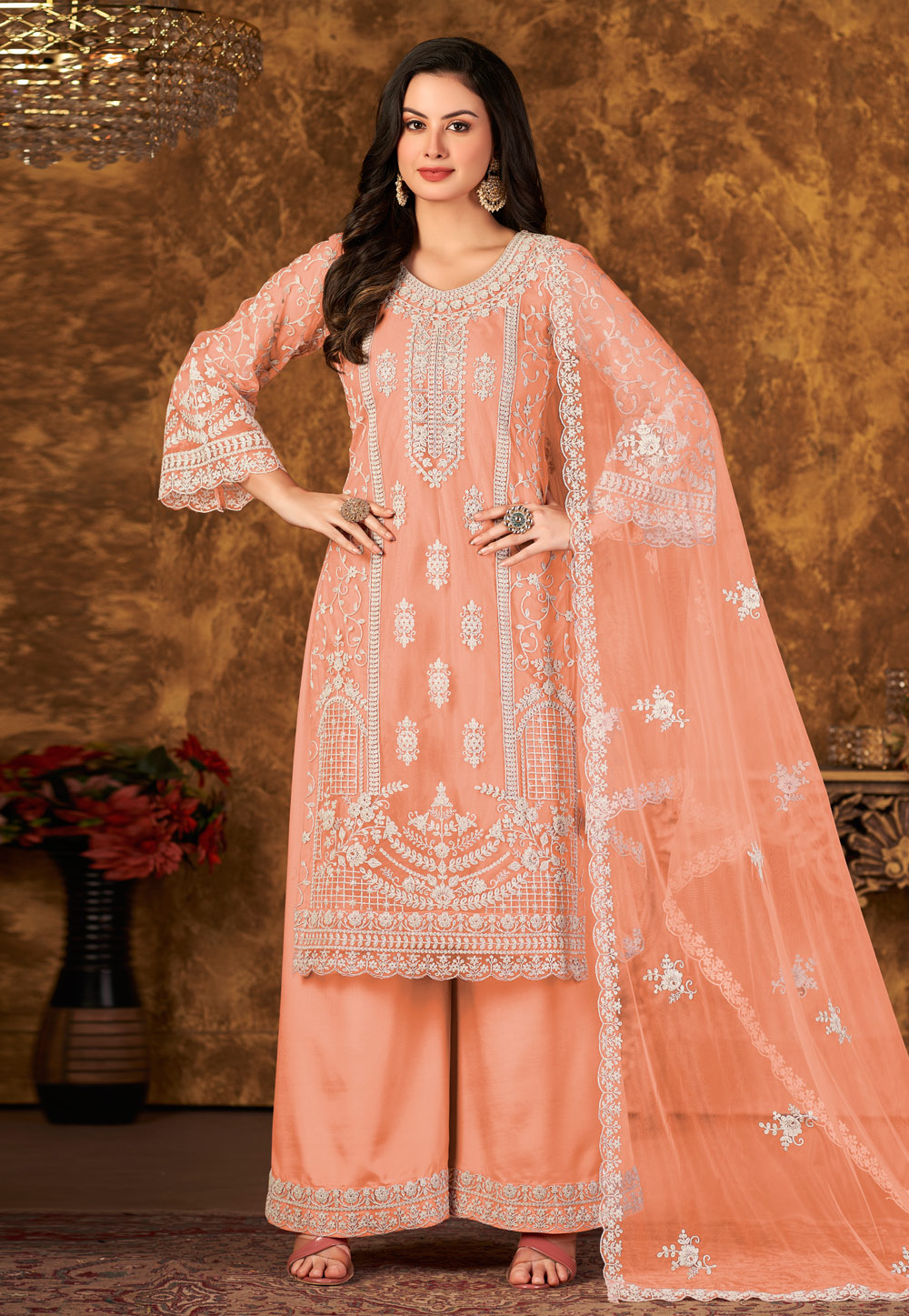 Peach Net Embroidered Pakistani Suit 250697