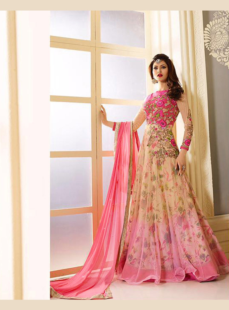 Urvashi Rautela Pink Net Floor Length Anarkali Suit 78350