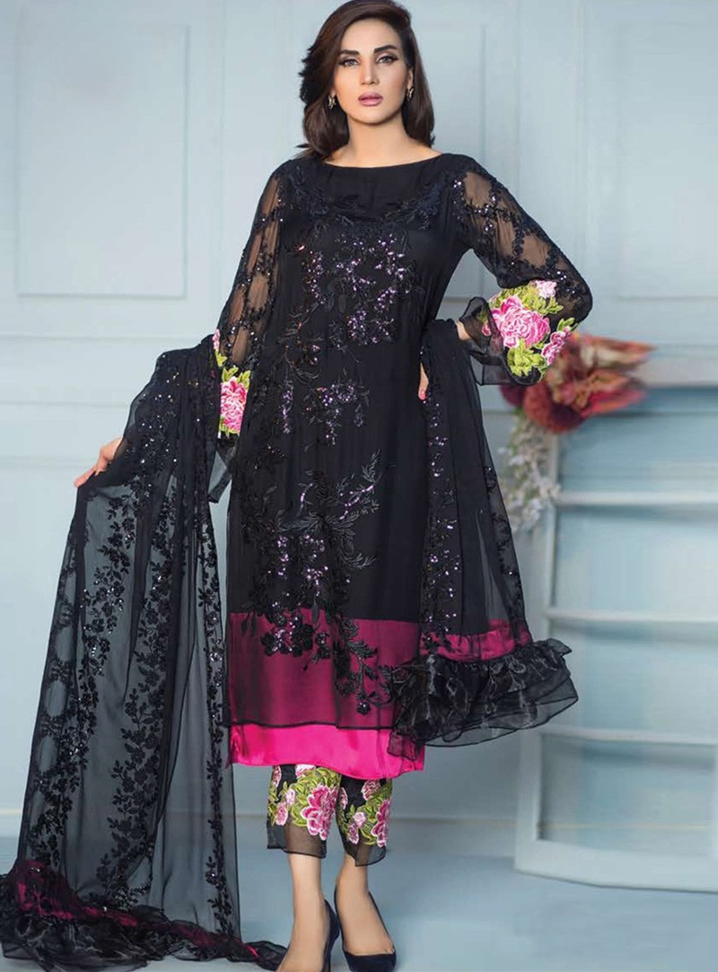 Black Georgette Pakistani Style Suit 143996