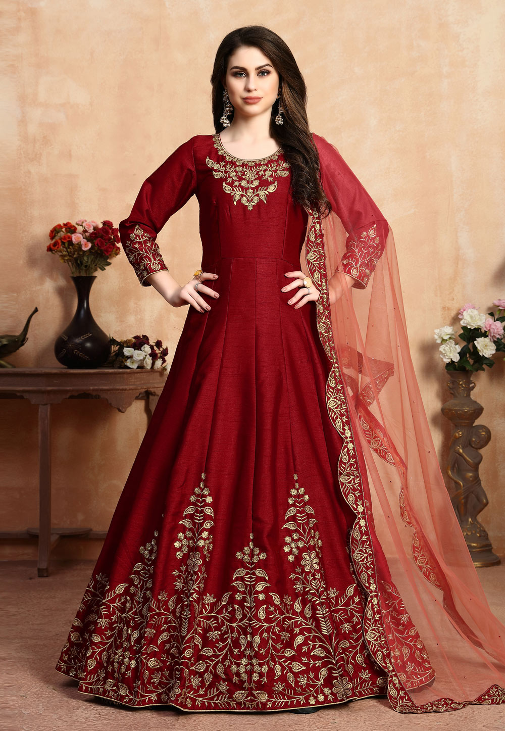 Red Art Silk Abaya Style Anarkali Suit 199125