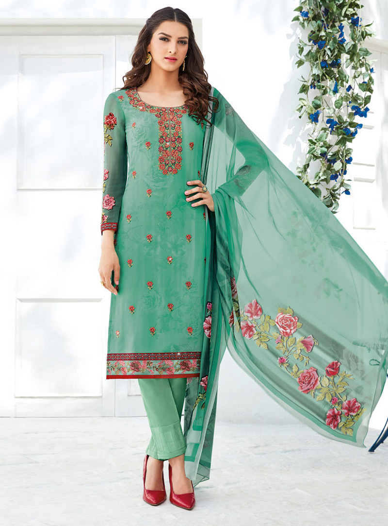 Sea Green Georgette Pant Style Suit 107699